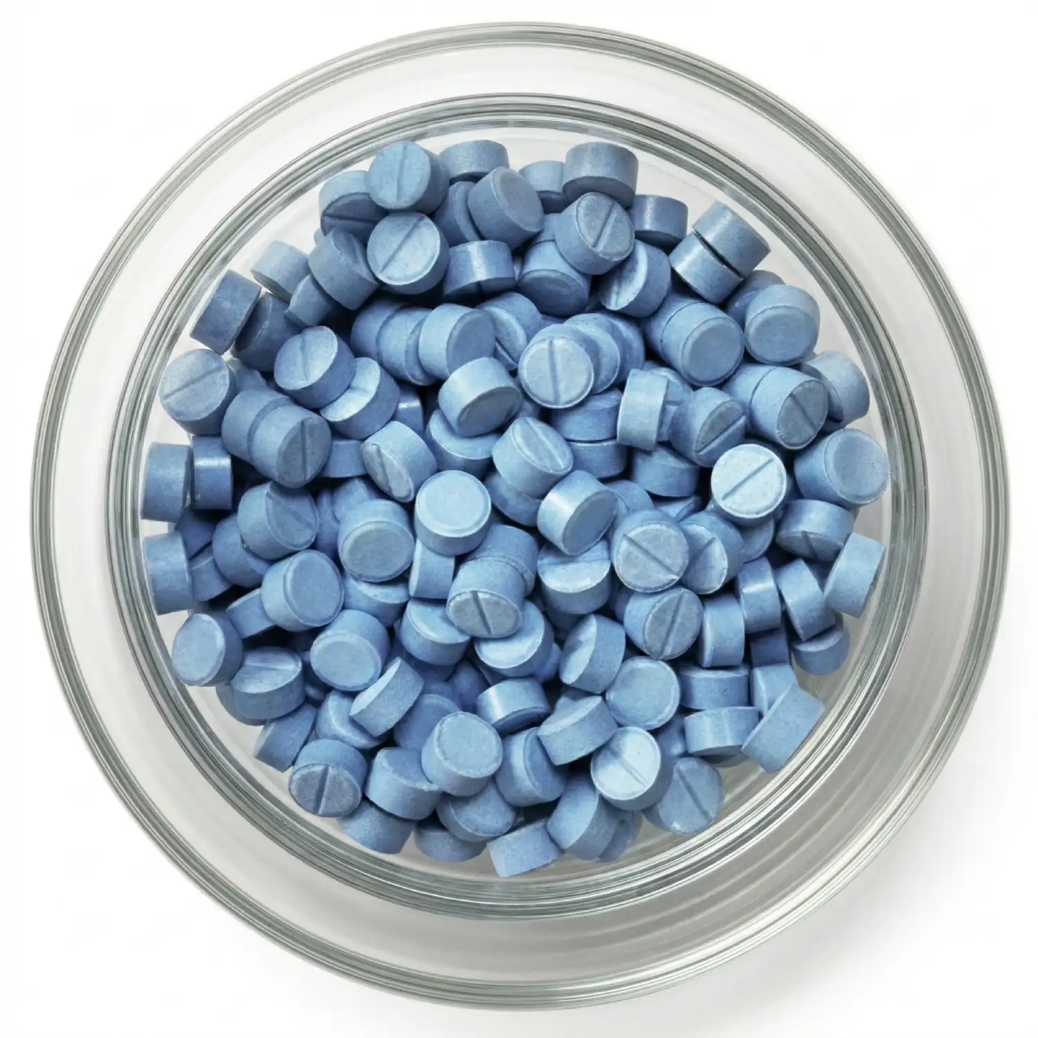 Blue 2C-G-5 pellets 7mg with breakline in a glass dish