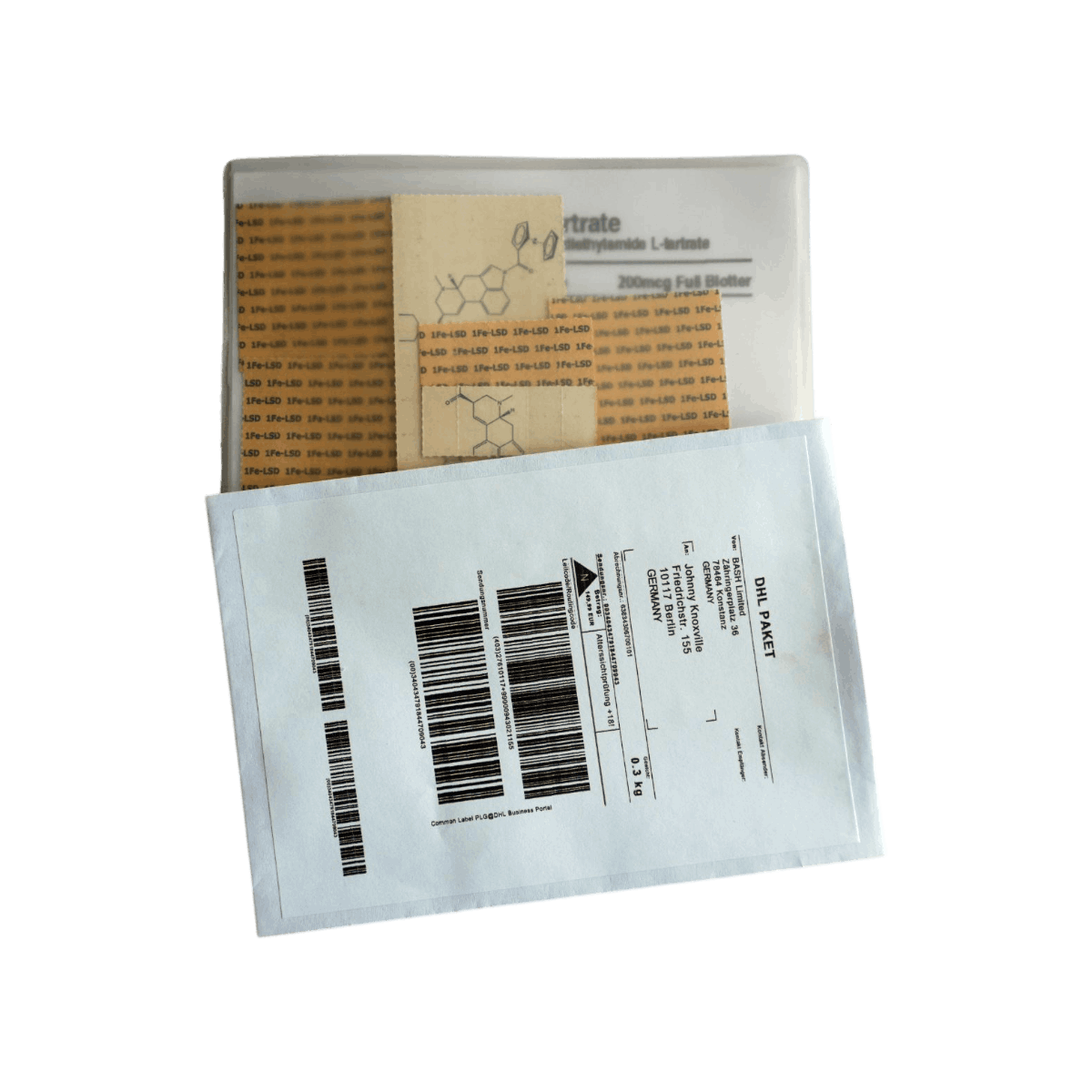 250x 1Fe-LSD Blotters, 200mcg each, in a standard letter C6 (162x114mm