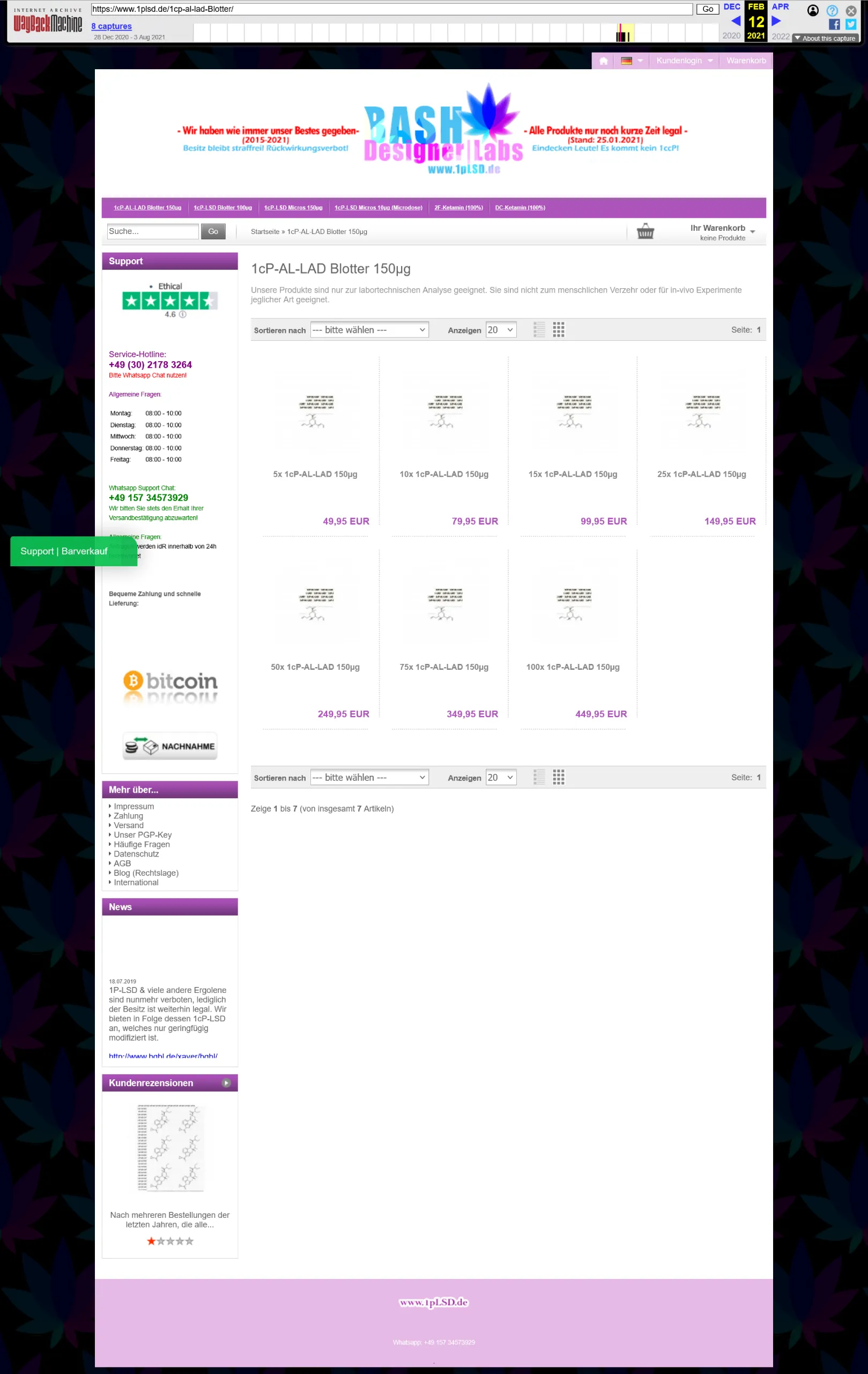 Vollständiger Screenshot der ehemaligen Produktkategorie-Seite für '1cP-AL-LAD Blotter', inklusive der damaligen Preisstaffelung.