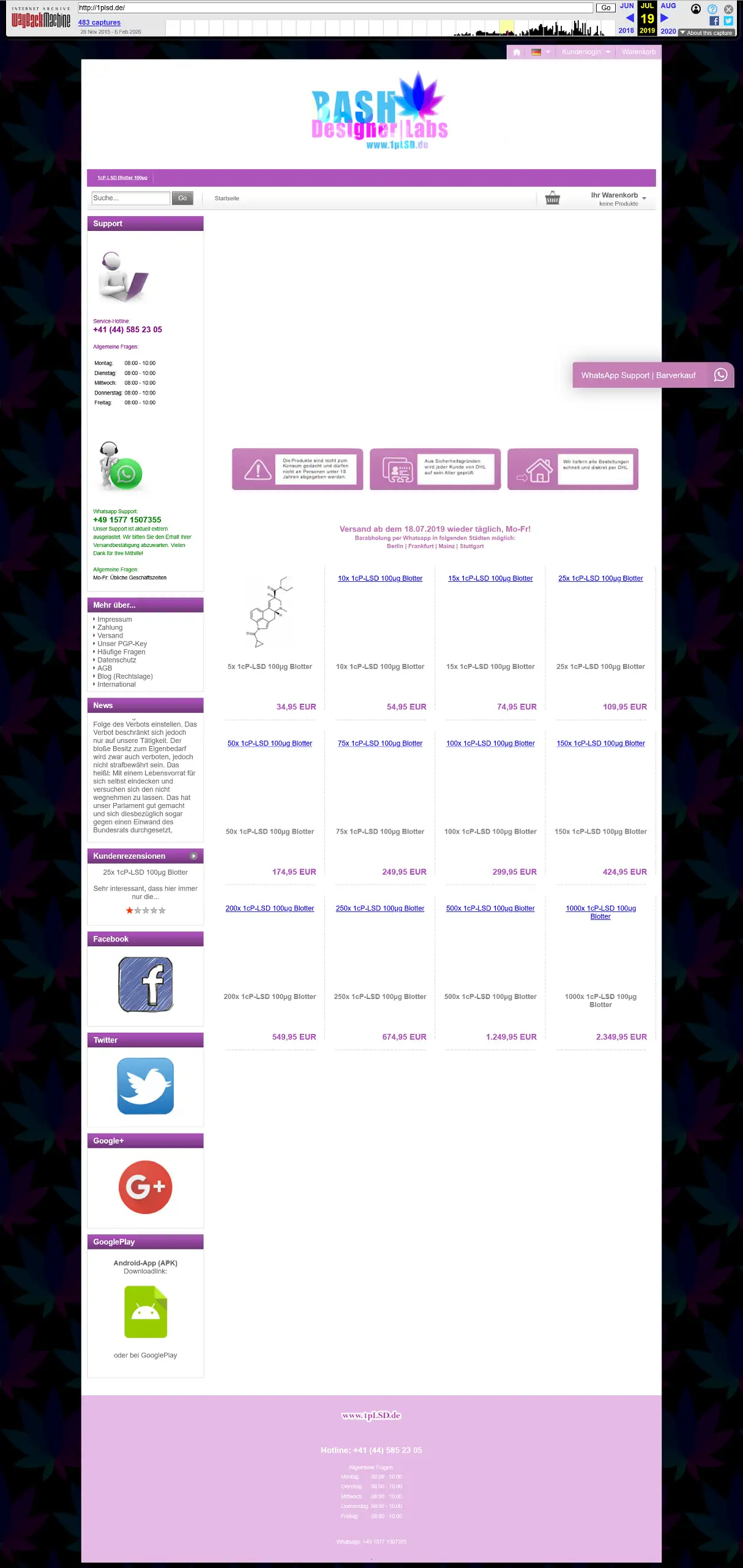 Vollständiger Screenshot der ehemaligen Produktkategorie-Seite für '1cP-LSD Blotter', inklusive der damaligen Preisstaffelung.