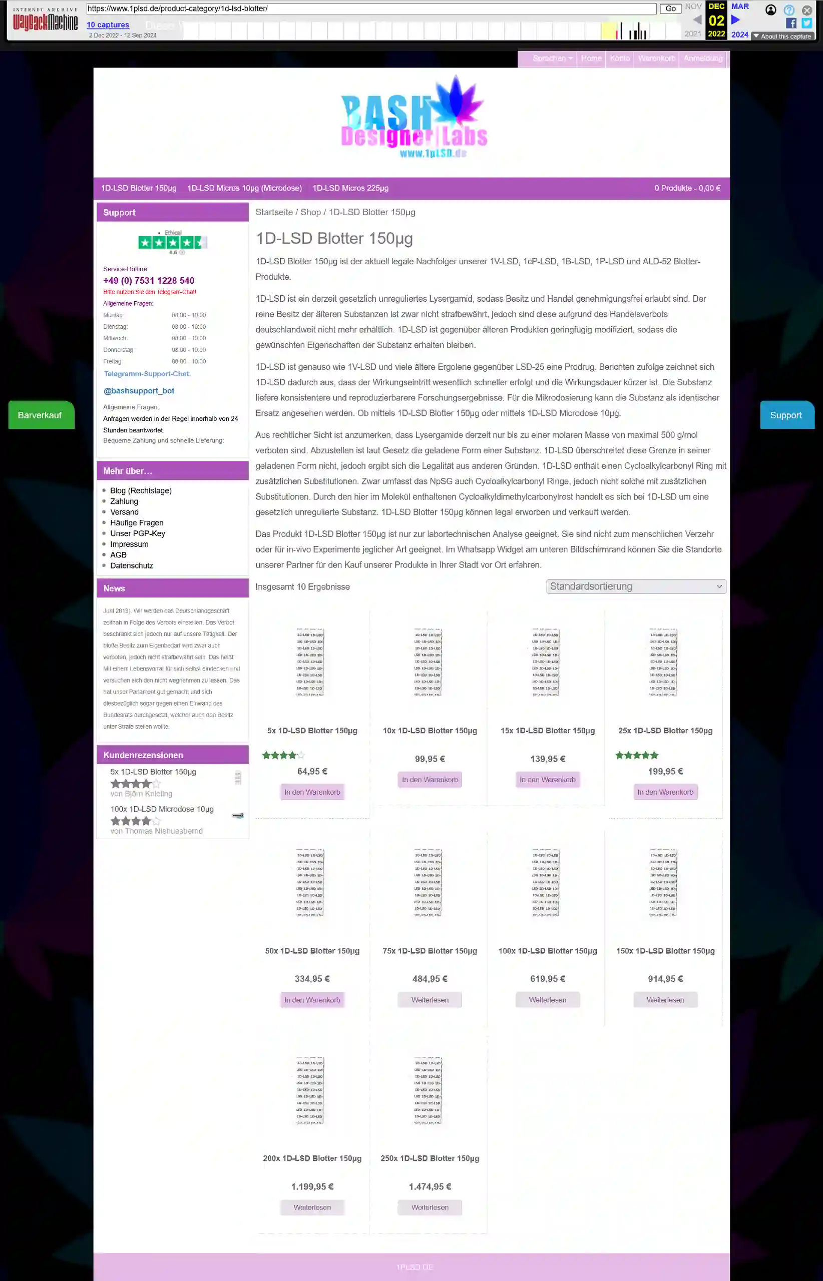 Vollständiger Screenshot der ehemaligen Produktkategorie-Seite für '1D-LSD Blotter 150µg', inklusive der damaligen Preisstaffelung.