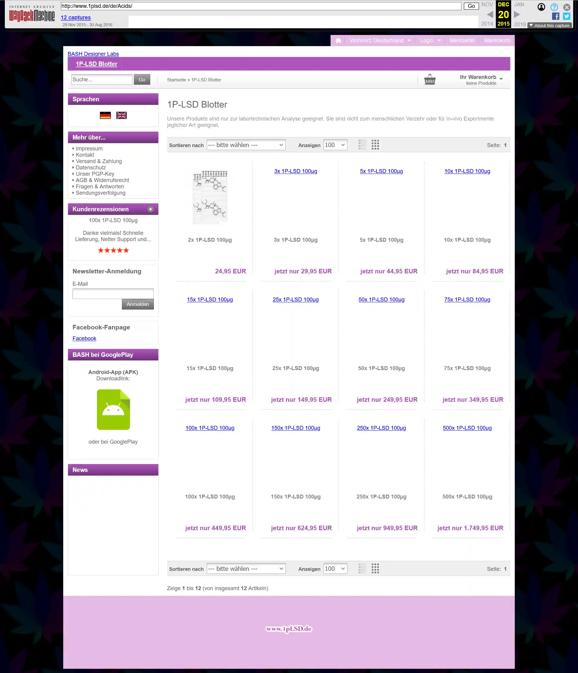 Vollständiger Screenshot der ehemaligen Produktkategorie-Seite für '1P-LSD Blotter', inklusive der damaligen Preisstaffelung.