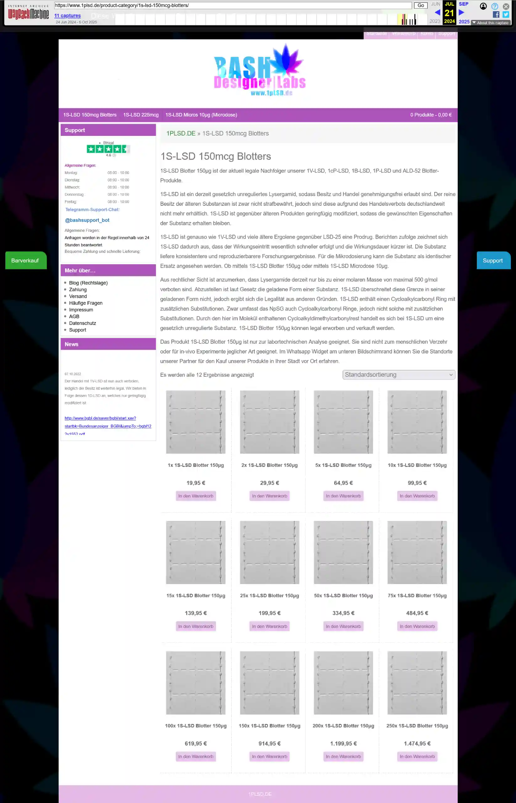 Vollständiger Screenshot der ehemaligen Produktkategorie-Seite für '1S-LSD Blotter 150µg', inklusive der damaligen Preisstaffelung.