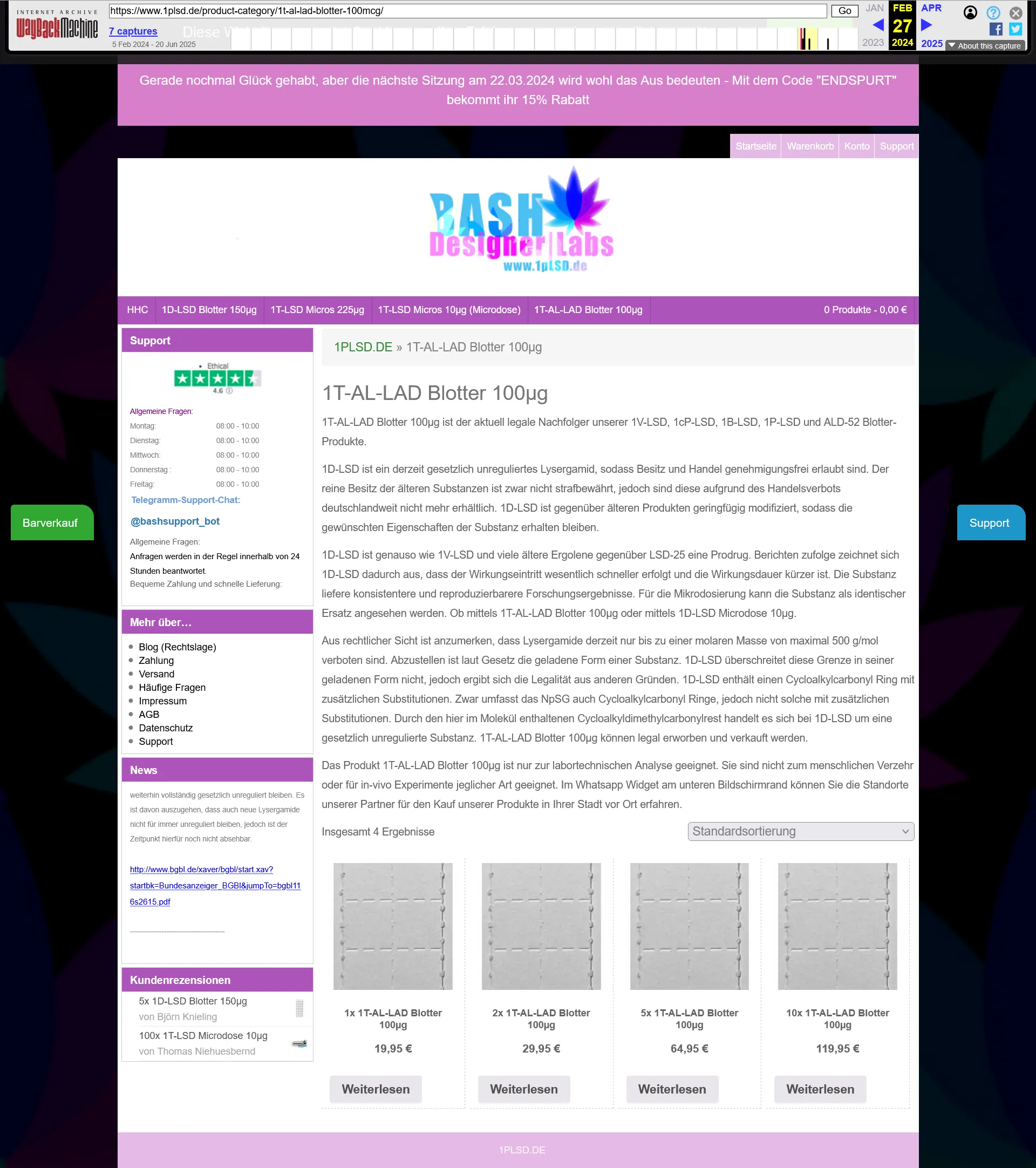 Vollständiger Screenshot der ehemaligen Produktkategorie-Seite für '1T-AL-LAD Blotter', inklusive der damaligen Preisstaffelung.