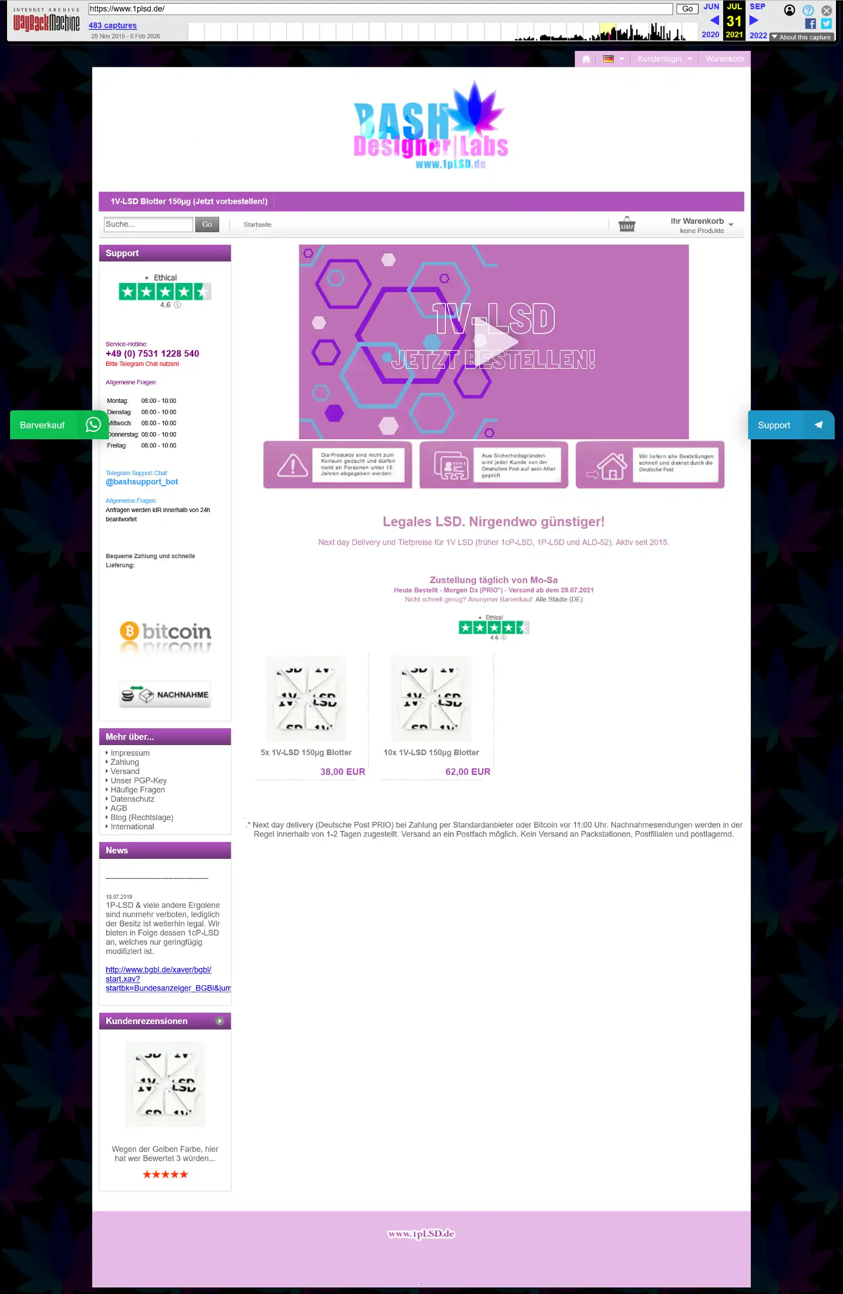 Vollständiger Screenshot der ehemaligen Produktkategorie-Seite für '1V-LSD Blotter 150µg', inklusive der damaligen Preisstaffelung.