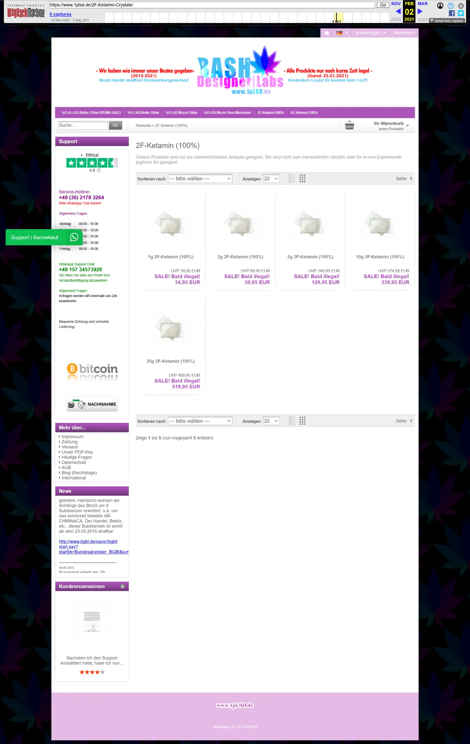 Vollständiger Screenshot der ehemaligen Produktkategorie-Seite für '2F-Ketamin (100%)', inklusive der damaligen Preisstaffelung.