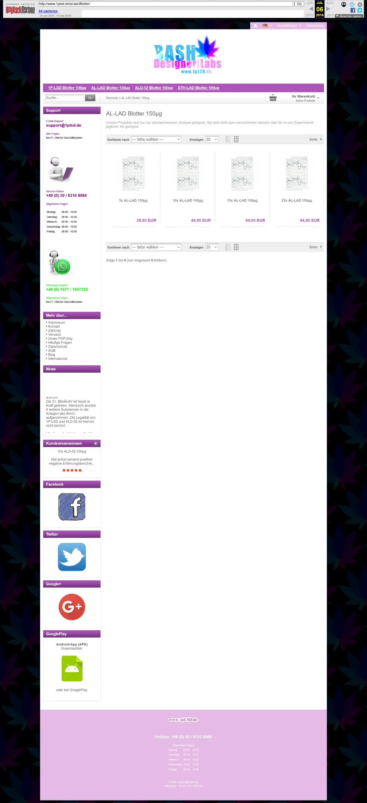 Vollständiger Screenshot der ehemaligen Produktkategorie-Seite für 'AL-LAD Blotter', inklusive der damaligen Preisstaffelung.