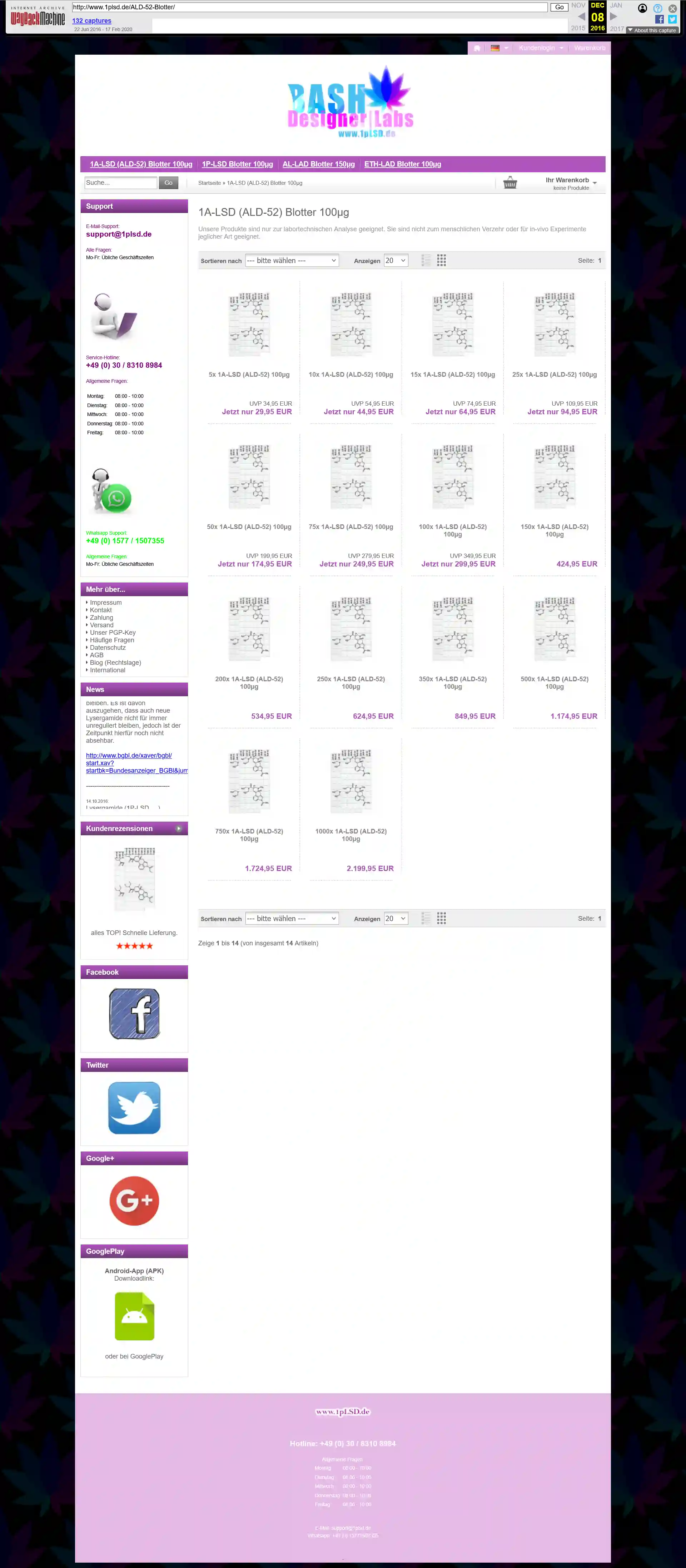 Vollständiger Screenshot der ehemaligen Produktkategorie-Seite für 'ALD-52 Blotter', inklusive der damaligen Preisstaffelung.