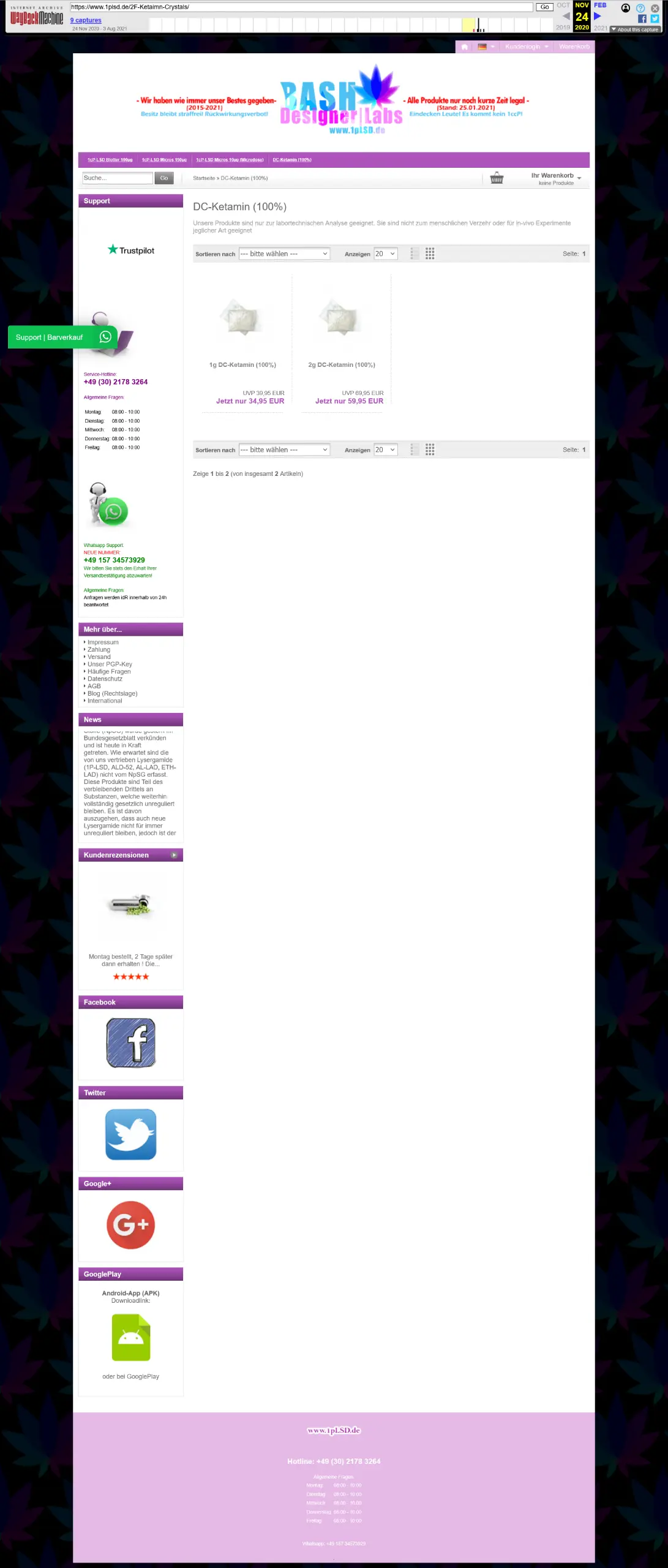 Vollständiger Screenshot der ehemaligen Produktkategorie-Seite für 'DC-Ketamin (100%)', inklusive der damaligen Preisstaffelung.